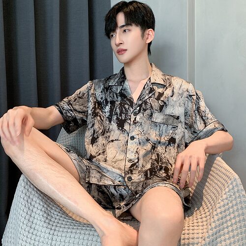 冰丝睡衣男士夏季长袖薄款短袖家居服泼墨画丝绸高级感男生可外穿 - 图1
