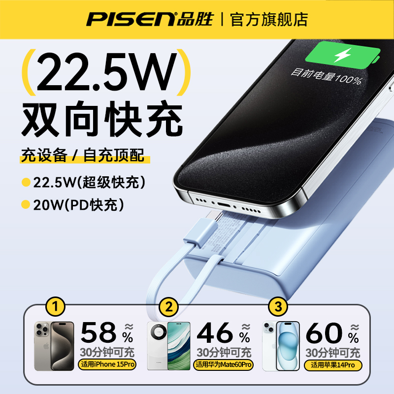 【政府补贴15%】品胜充电宝2025新款快充大容量20000毫安超薄自带线移动电源适用华为小米苹果