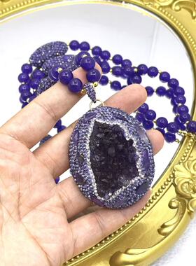 天然原石紫晶项链欧美法式个性原矿饰品高档手工毛衣链