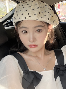 2022年春夏新款花朵白色八角帽贝雷帽女ins网红法式日系画家帽子