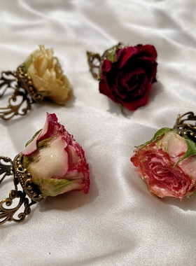 夜吻玫瑰 森物语原创设计 小众干花真花戒指复古蕾丝戒指拍照礼物