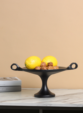 中古复古风黑色双耳高脚圆形果盘简约家居装饰收纳盘树脂材质托盘