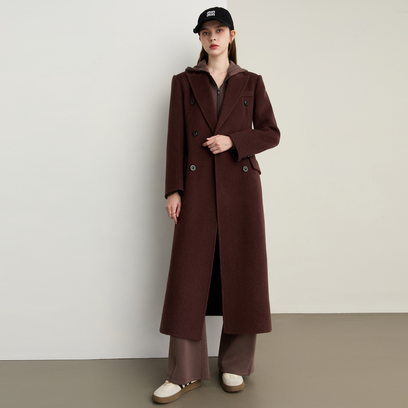 DPLAY【黑标】2025冬季新款棕色长款大衣女气质羊毛双面呢子外套 - 图2