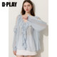 DPLAY ເສື້ອຍືດຄໍຄໍ V ສີຟ້າຝຣັ່ງ ເສື້ອຢືດຍາວ 2026 ຮູຂຸມຂົນ ruffled lace-up