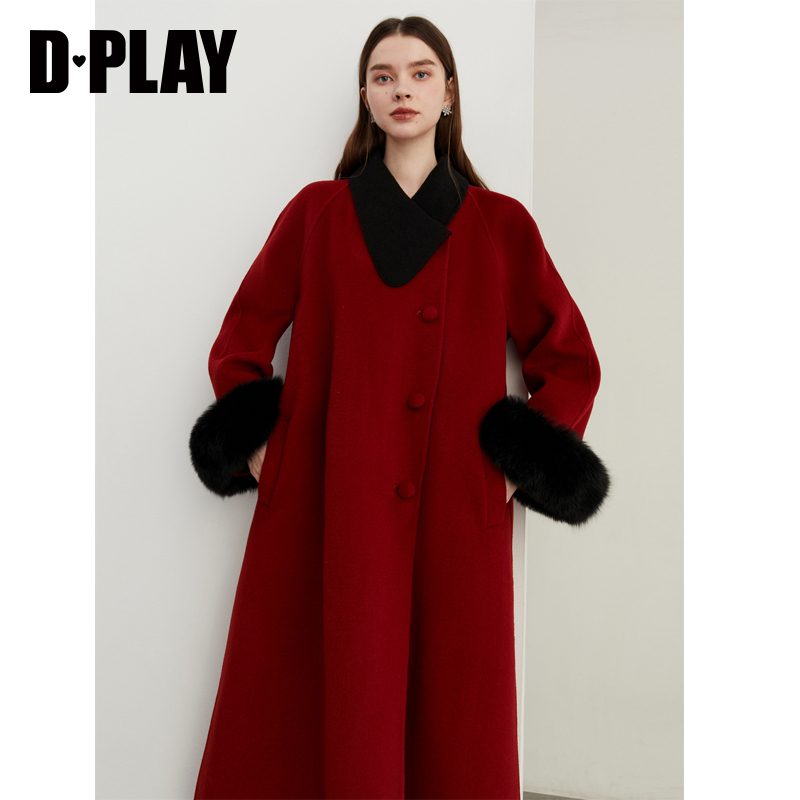 DPLAY2024冬季翻领红色大衣100羊毛呢外套狐狸毛呢子长袖大衣女 - 图0