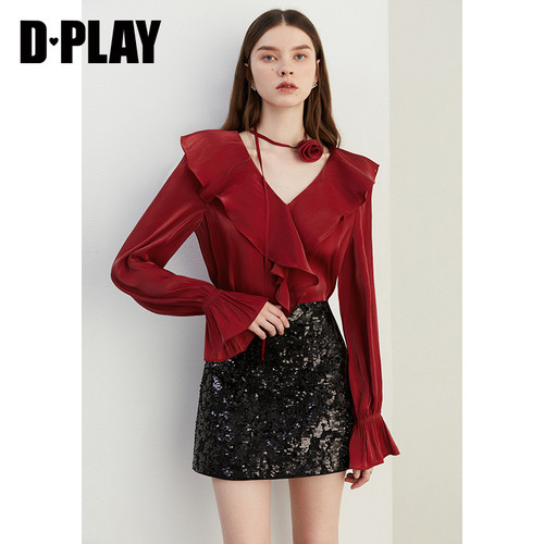 DPLAY红色衬衫女时尚气质法式雪纺衫春季新款独特上衣长袖衬衣 - 图0