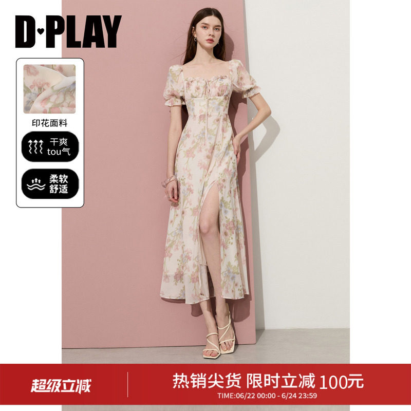 DPLAY【法式茶歇系列】2026年夏季新款粉色印花连衣裙泡泡袖长裙