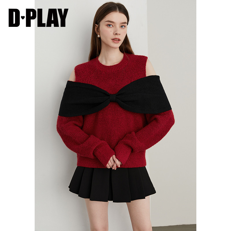 DPLAY2026春季新款红色毛衣含羊毛蝴蝶结新年节针织衫露肩上衣女,淘宝优惠券,粉丝福利购,淘宝优惠卷