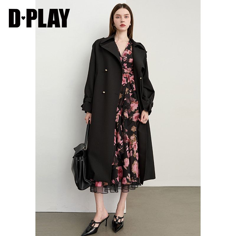 DPLAY2026年春季新款黑色连衣裙女长款气质法式长袖雪纺印花裙子,淘宝优惠券,粉丝福利购,淘宝优惠卷