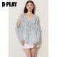 DPLAY ເສື້ອຍືດຄໍຄໍ V ສີຟ້າຝຣັ່ງ ເສື້ອຢືດຍາວ 2026 ຮູຂຸມຂົນ ruffled lace-up
