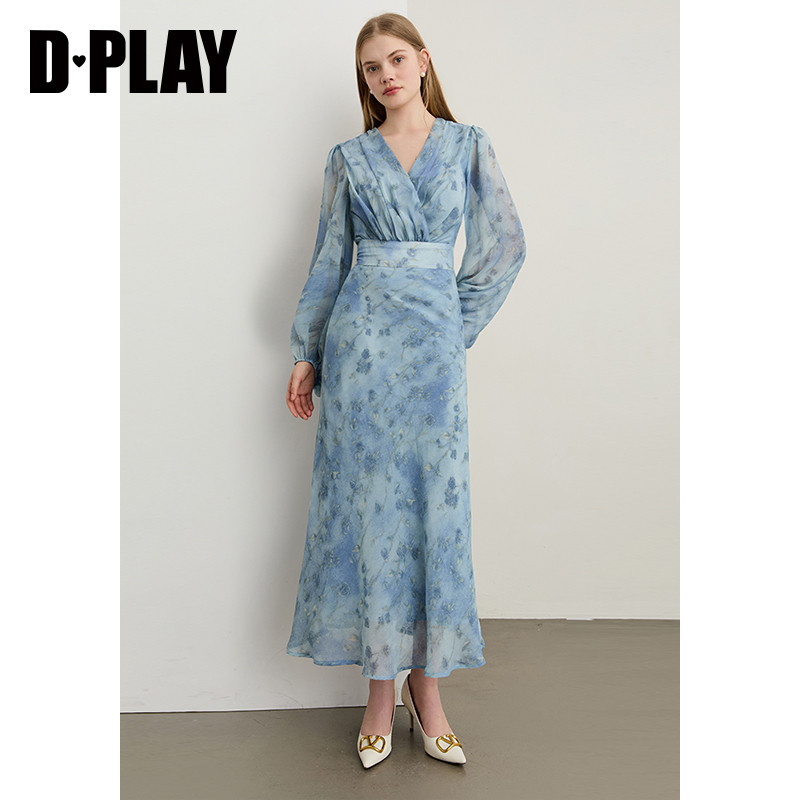 DPLAY2025年秋季新款蓝色连衣裙女泡泡袖印花雪纺裙子收腰长裙,淘宝优惠券,粉丝福利购,淘宝优惠卷