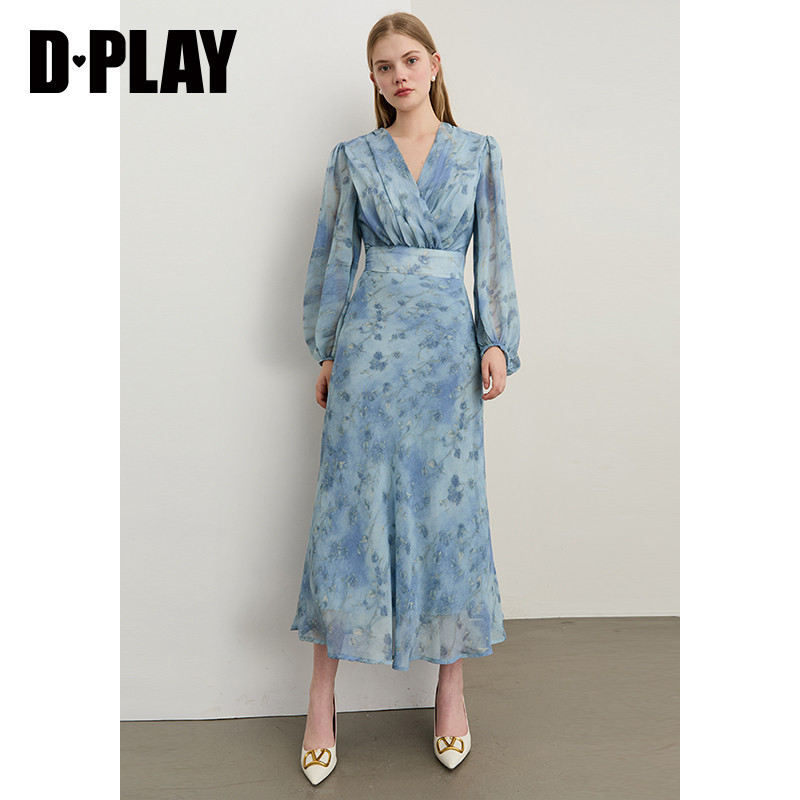 DPLAY2025年秋季新款蓝色连衣裙女泡泡袖印花雪纺裙子收腰长裙,淘宝优惠券,粉丝福利购,淘宝优惠卷