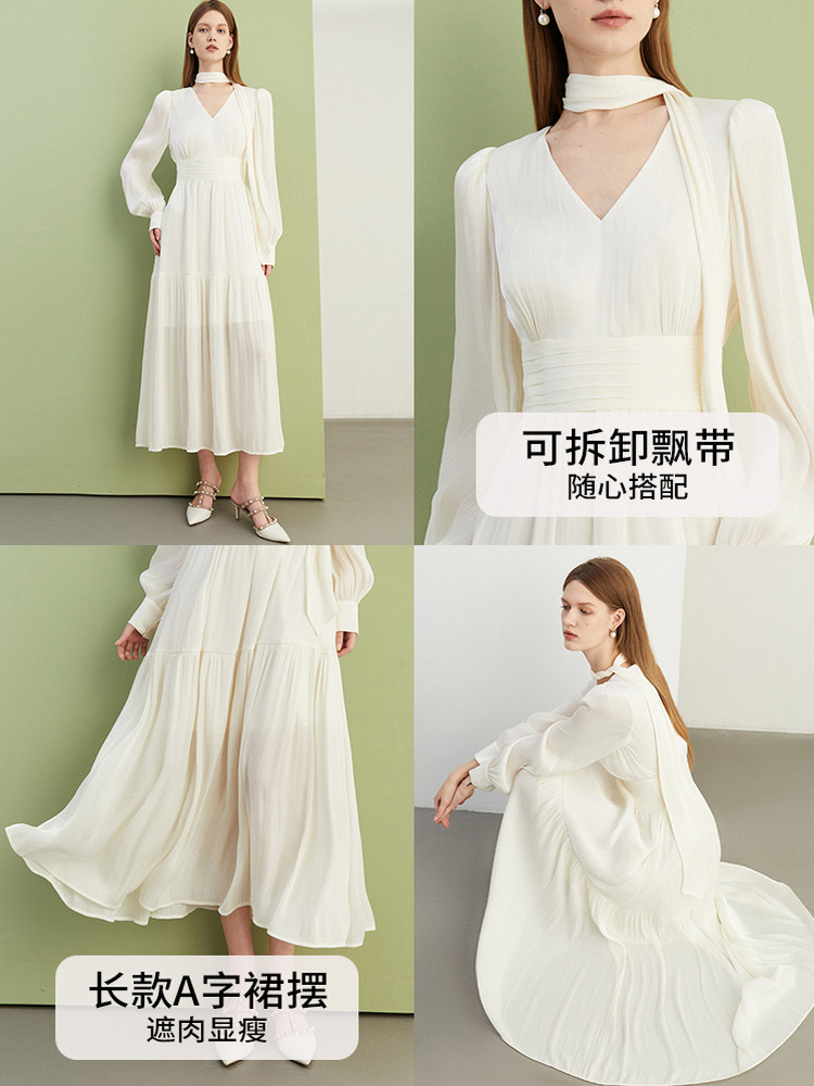 DPLAY2025秋季气质法式白色连衣裙女独特飘带沙滩裙子长袖长裙 - 图2