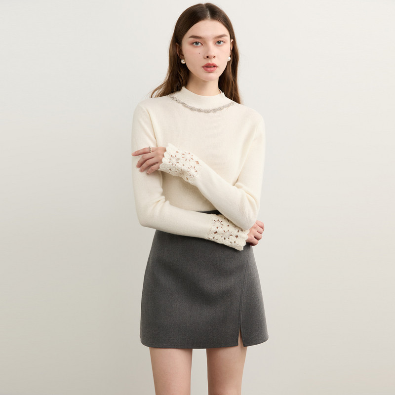 DPLAY100羊毛针织衫2025年冬季白色针织衫女镂空花边毛衣打底衫,淘宝优惠券,粉丝福利购,淘宝优惠卷