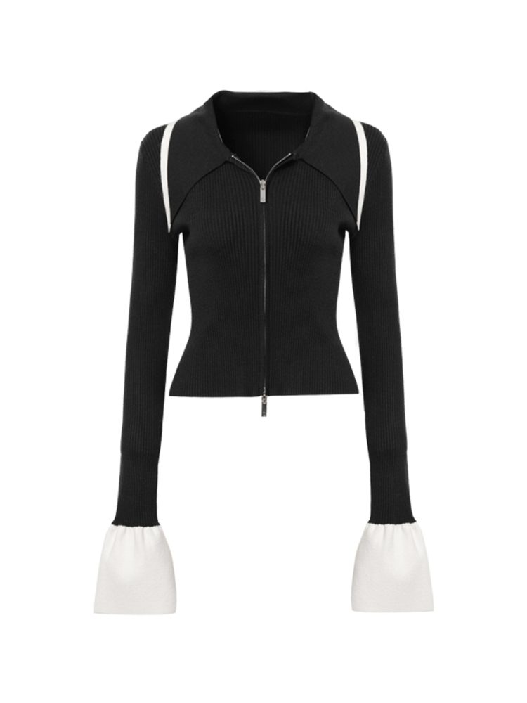 经典黑白撞色翻领针织衫