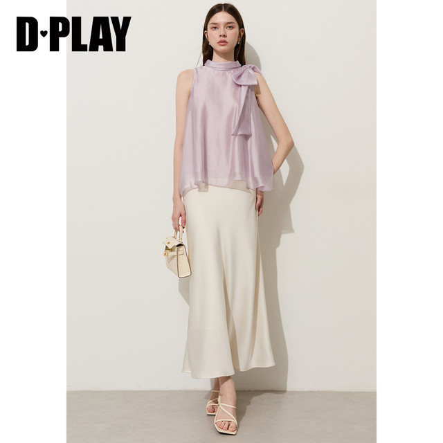 DPLAY Purple Stand Collar Bow Pattern Lace Sleeveless Shirt French Style 2026 Summer New Women's Top
