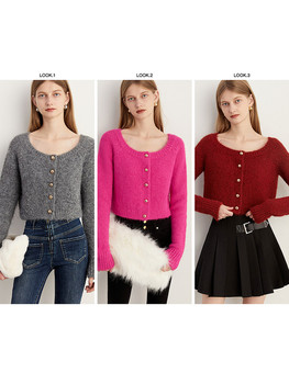 DPLAY French style round neck custom metal buckle high waist knitted cardigan for women