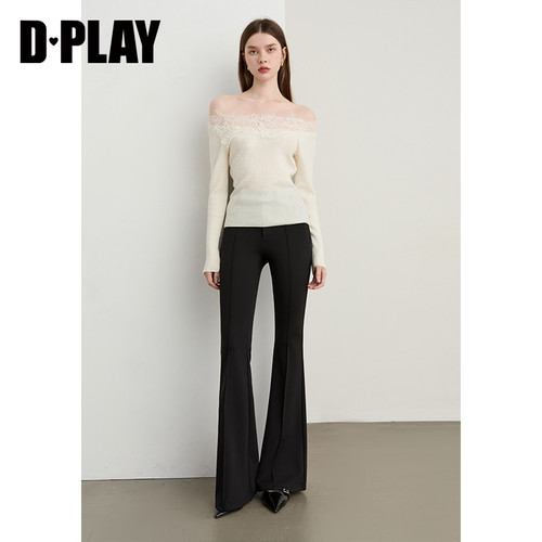 DPLAY白色针织衫女拼接蕾丝修身一字肩羊毛上衣长袖2026春 - 图3