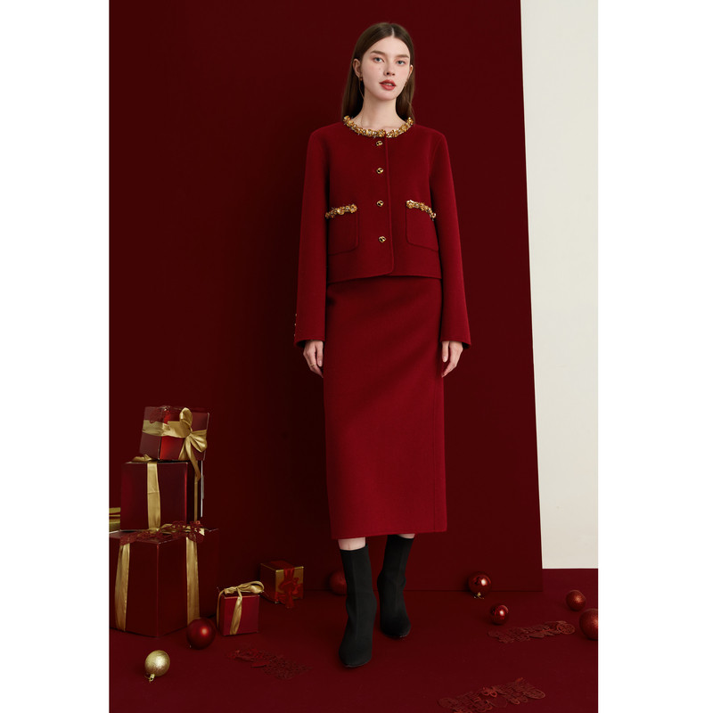 DPLAY【黑标】新年红色大衣100羊毛红色套装结婚敬酒半身裙两件套,淘宝优惠券,粉丝福利购,淘宝优惠卷