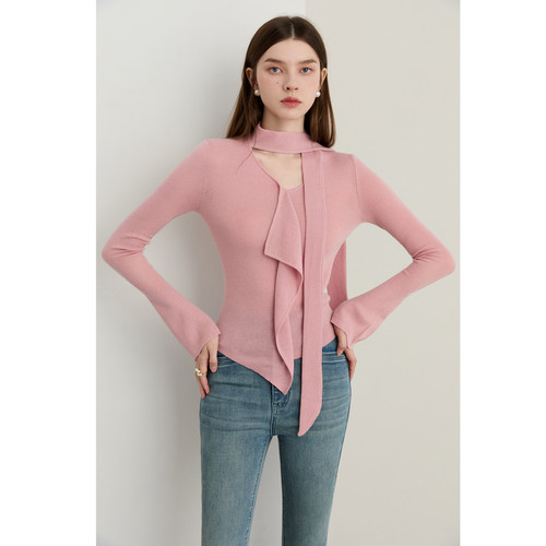 DPLAY2025年秋季新款粉色针织衫女荷叶边喇叭袖打底衫羊毛上衣 - 图2