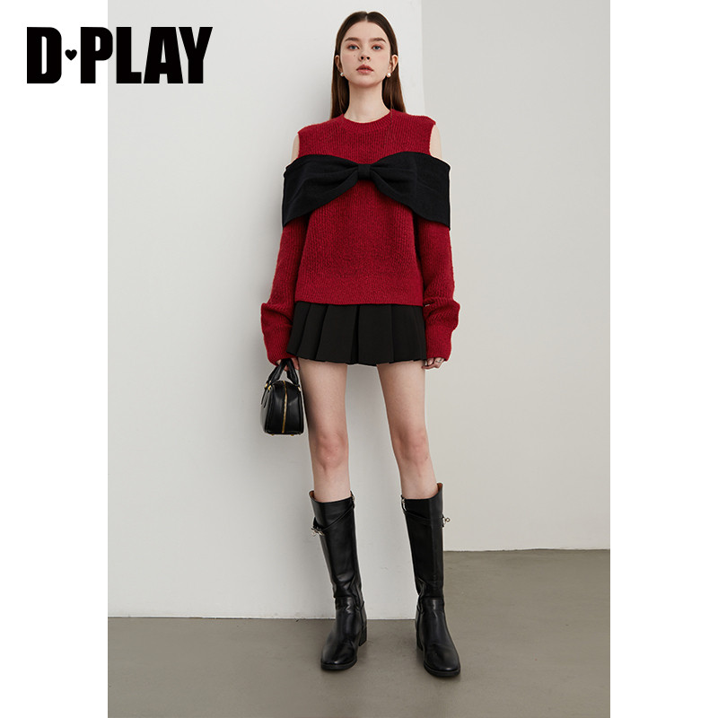 DPLAY2026春季新款红色毛衣含羊毛蝴蝶结新年节针织衫露肩上衣女,淘宝优惠券,粉丝福利购,淘宝优惠卷