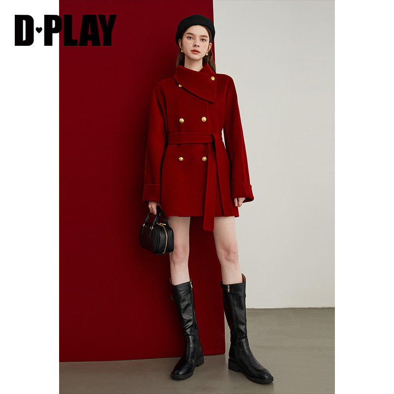 DPLAY新年战袍100羊毛红色大衣女冬季新款高级短款小个子毛呢外套,淘宝优惠券,粉丝福利购,淘宝优惠卷