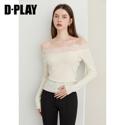 DPLAY白色针织衫女拼接蕾丝修身一字肩羊毛上衣长袖2026春 - 图2