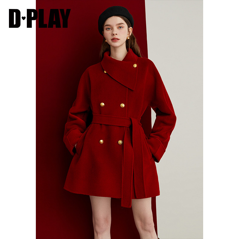 DPLAY新年战袍100羊毛红色大衣女冬季新款高级短款小个子毛呢外套,淘宝优惠券,粉丝福利购,淘宝优惠卷