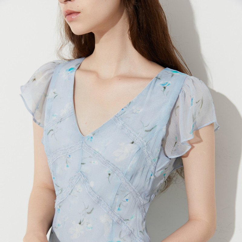 DPLAY2025年夏季新款蓝色连衣裙女好看法式蕾丝雪纺裙子收腰长裙,淘宝优惠券,粉丝福利购,淘宝优惠卷