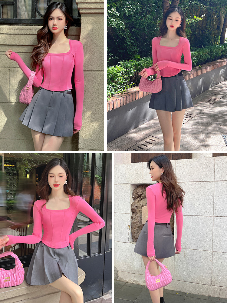 DPLAY2023秋多巴胺鱼骨美背方领泡泡糖粉