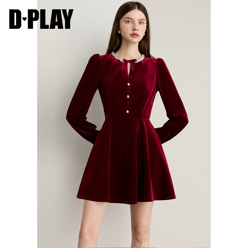DPLAY【轻奢闪钻系列】2025年秋季新款红色连衣裙丝绒礼服裙女