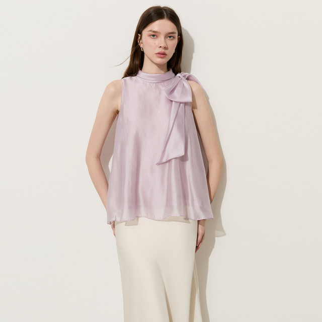 DPLAY Purple Stand Collar Bow Pattern Lace Sleeveless Shirt French Style 2026 Summer New Women's Top