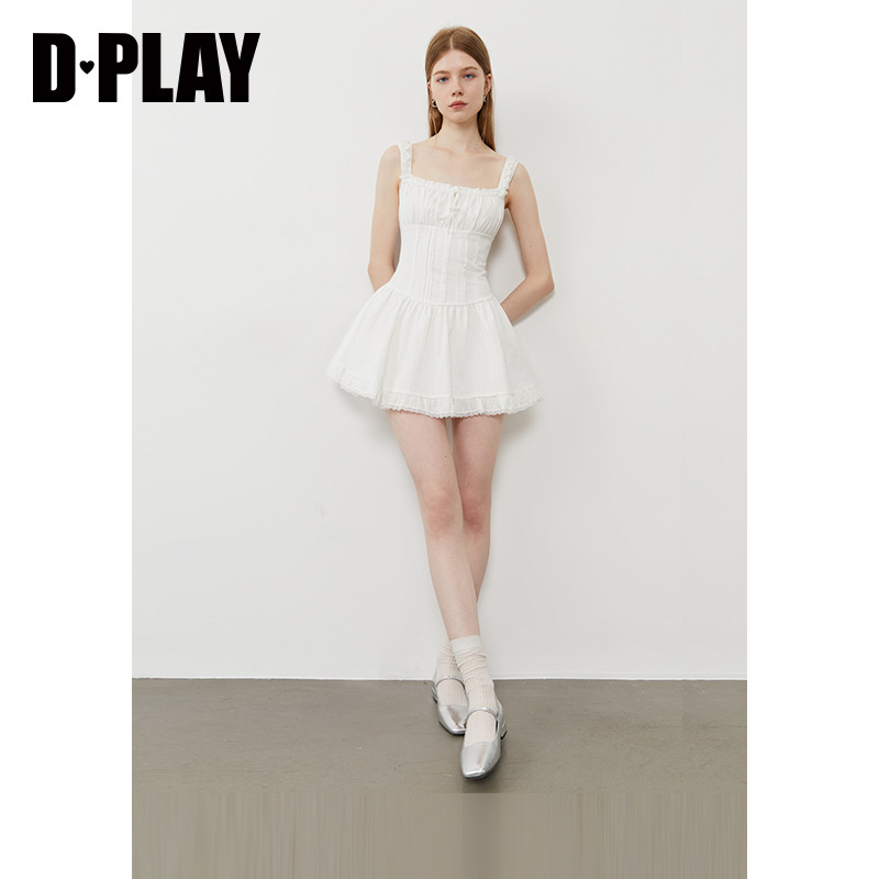 DPLAY2025年夏季新款白色吊带连衣裙女蕾丝拼接蝴蝶结时尚短裙,淘宝优惠券,粉丝福利购,淘宝优惠卷