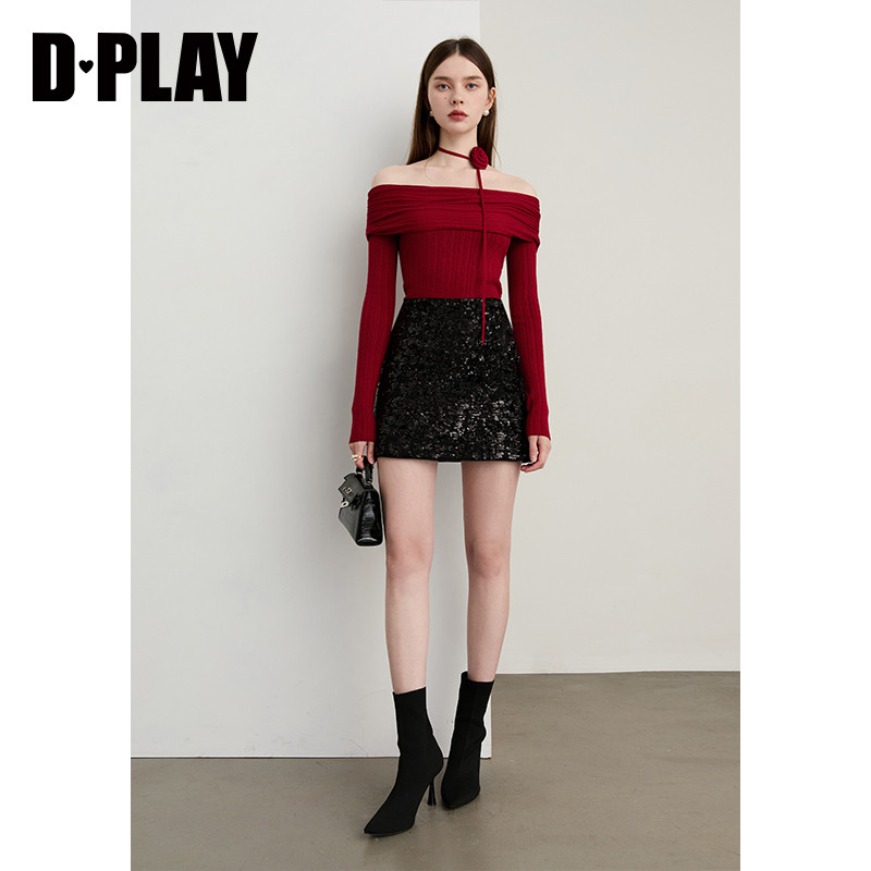 DPLAY2025年秋季新款红色针织衫女一字肩露肩长袖上衣修身打底衫,淘宝优惠券,粉丝福利购,淘宝优惠卷