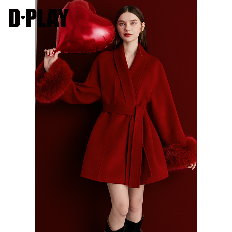 DPLAY【黑标】100羊毛外套女狐狸毛新年冬季新款红色双面呢子大衣,淘宝优惠券,粉丝福利购,淘宝优惠卷