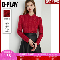 DPLAY2024 Spring new Chinese style retro Chinese style red national wind stand flocking lace in the bottom of the bottom blouses blouse