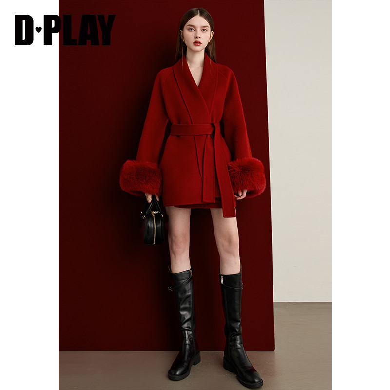 DPLAY【黑标】100羊毛外套女狐狸毛新年冬季新款红色双面呢子大衣,淘宝优惠券,粉丝福利购,淘宝优惠卷