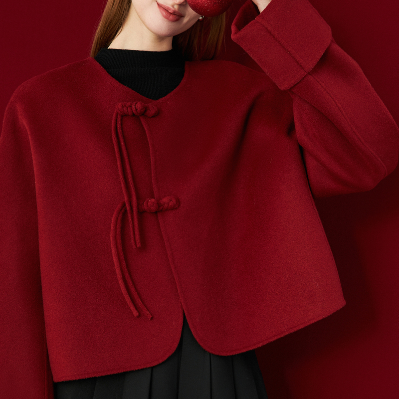 DPLAY冬装外套新中式红色呢大衣短款双面呢国风大衣外套女上衣