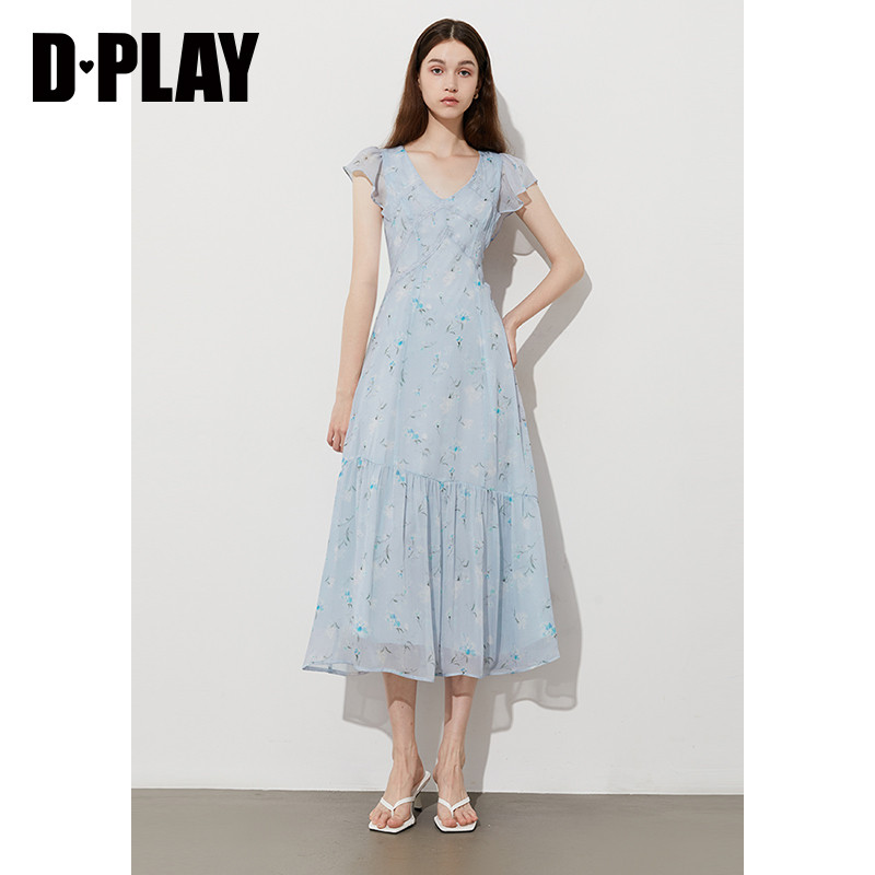 DPLAY2025年夏季新款蓝色连衣裙女好看法式蕾丝雪纺裙子收腰长裙,淘宝优惠券,粉丝福利购,淘宝优惠卷