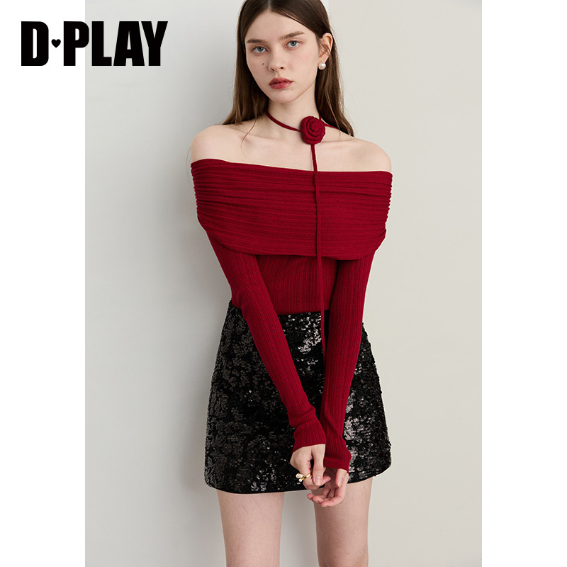 DPLAY2025年秋季新款红色针织衫女一字肩露肩长袖上衣修身打底衫,淘宝优惠券,粉丝福利购,淘宝优惠卷