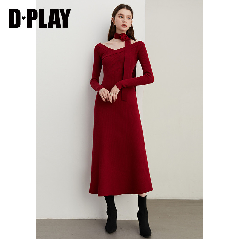 DPLAY2025年秋季新款法式红色连衣裙女一字肩长款针织裙子长袖,淘宝优惠券,粉丝福利购,淘宝优惠卷