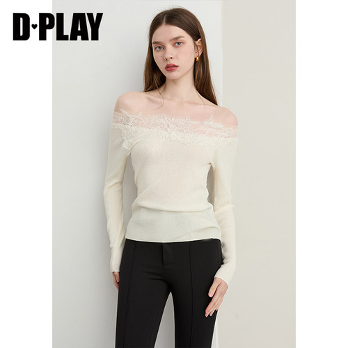 DPLAY白色针织衫女拼接蕾丝修身一字肩羊毛上衣长袖2026春 - 图1