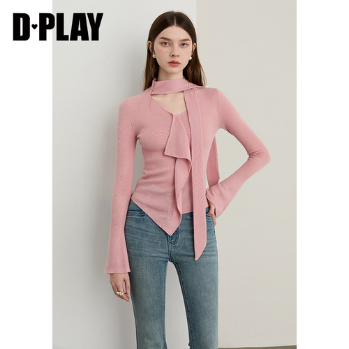 DPLAY2025年秋季新款粉色针织衫女荷叶边喇叭袖打底衫羊毛上衣 - 图0