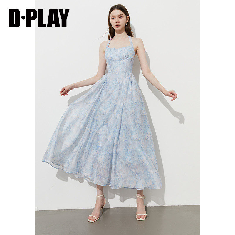 DPLAY【度假系列】2025年夏季新款蓝色挂脖连衣裙女雪纺裙子长裙,淘宝优惠券,粉丝福利购,淘宝优惠卷