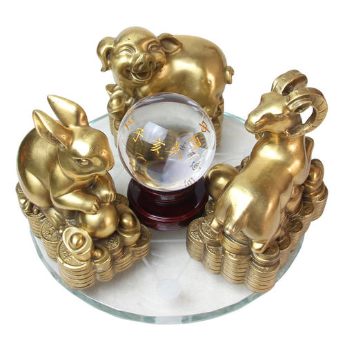 泰山福缘阁 新品 三合水晶球摆件虎马狗兔猪羊牛蛇鸡家居饰品 - 图3