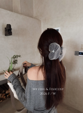 Fishcosy雾感薄纱复古波点配水晶 唯美精致大发抓 韩国花朵鲨鱼夹