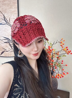 手工编织亚麻镂空芙蓉花朵包头帽女春夏秋四季遮白发百搭鸭舌帽