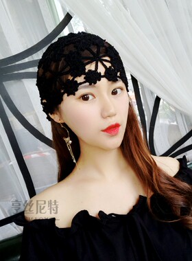 纯亚麻镂空头巾手工编织梅花女帽
