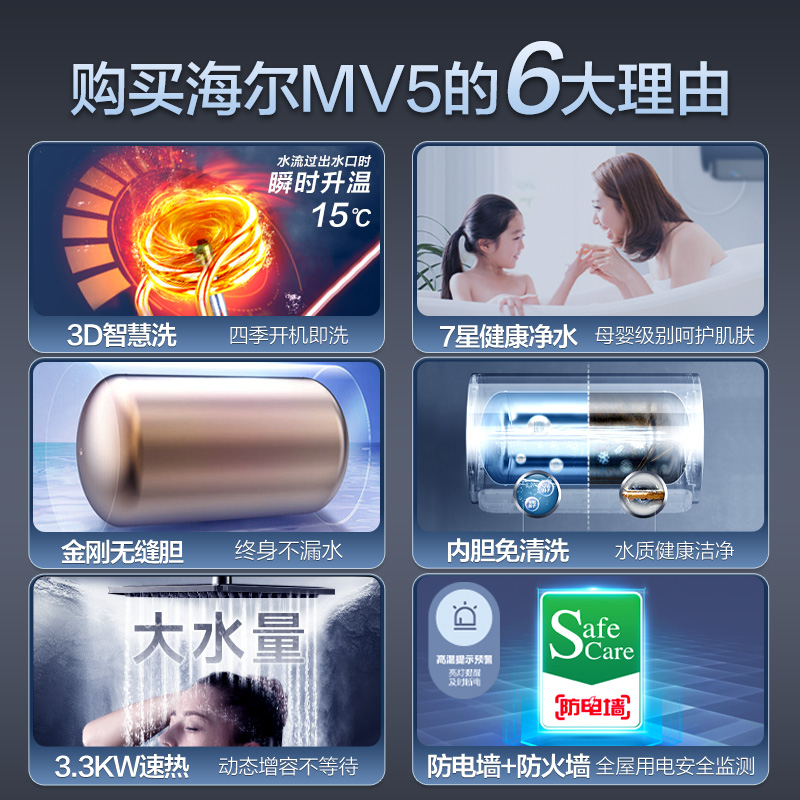 海尔电热水器家用卫生间内胆免清洗储水8060L一级节能速热智能MV5 - 图0