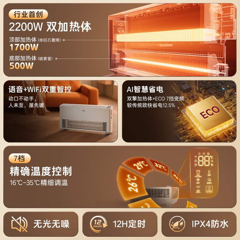 海尔浴室石墨烯双核取暖器欧式快热炉全屋大面积家用电暖气暖风机